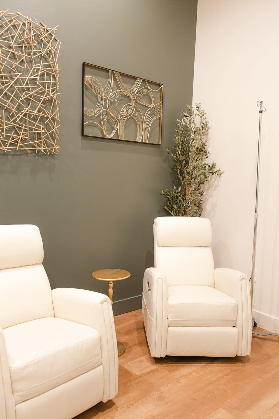 Our private IV therapy suite with cream leather recliners